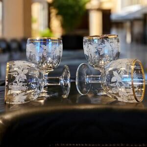 Vintage Bartlett Collins Glass Goblets Gold Trim Grape Vine Design Set of 4